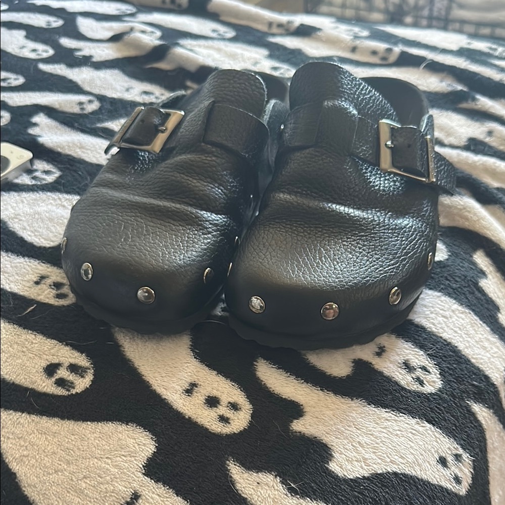 Black Leather Mules with Buckle Detail